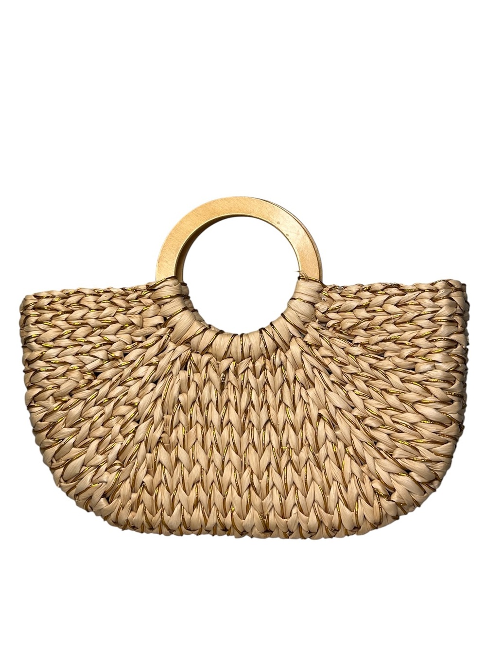 New York & Company Half-Moon Woven Straw & Gold Metallic Circle Handle Tote Bag
